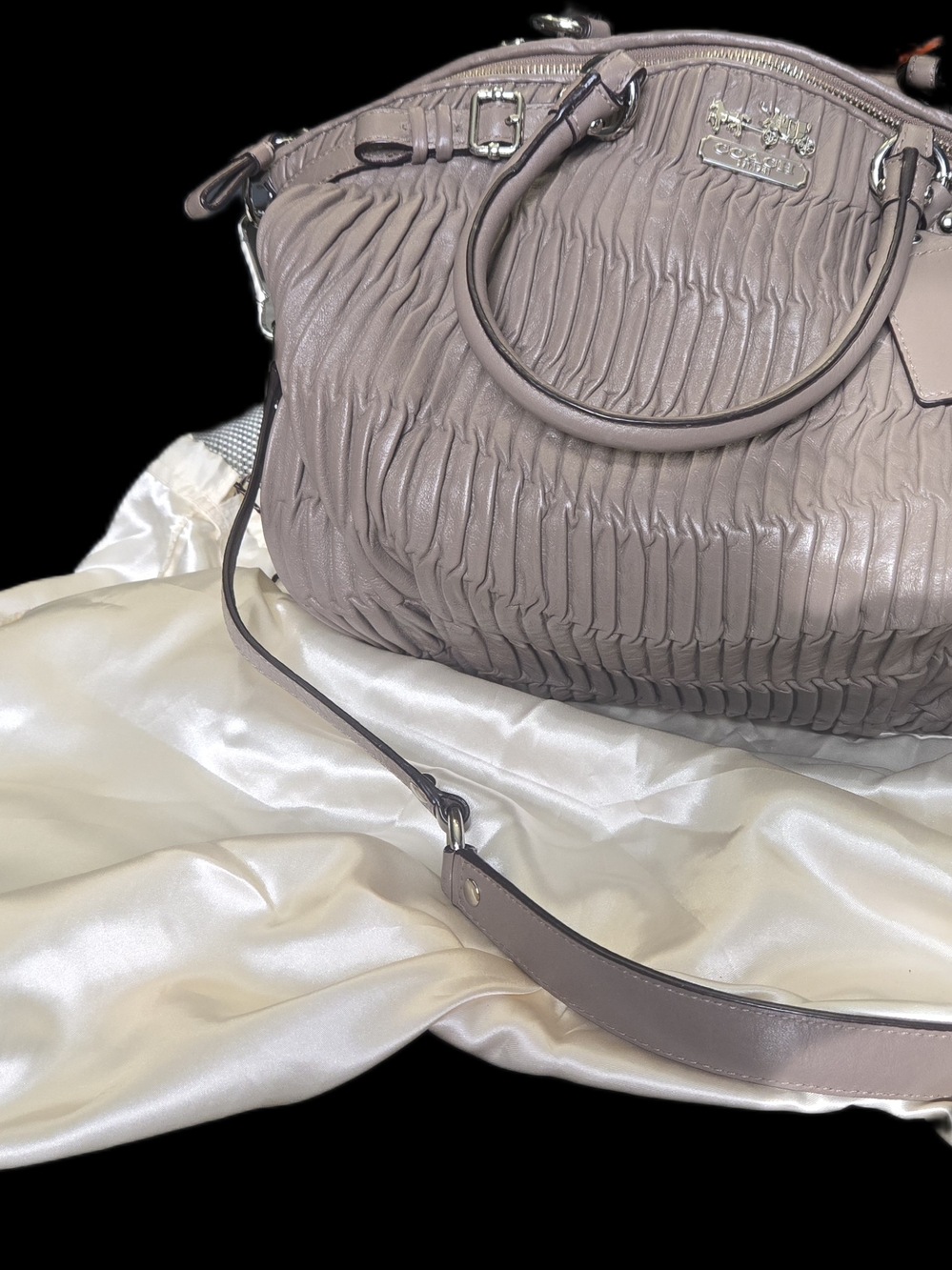 Coach Ruched Leather Satchel With Dust Bag. Color Is taupe.
